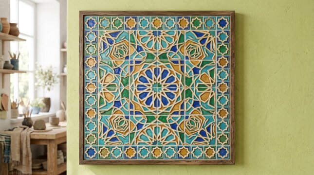 A colorful, intricate mosaic tile wall hanging with a geometric pattern in shades of blue, green, and yellow, mounted on a green wall with a wooden table and shelves in the background.