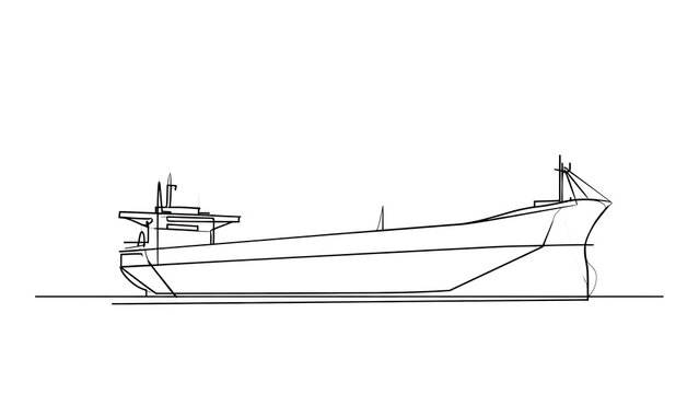 Cargo ship line drawing on white background.