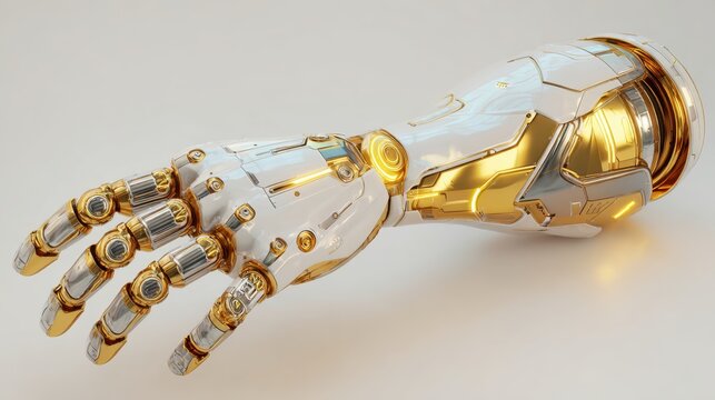 Intricate metallic prosthetic limb with gleaming gold and silver joints, showcasing advanced futuristic bionic engineering