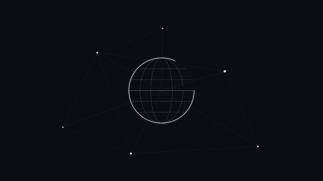 Minimalist geometric network illustration featuring a digital globe sphere interconnected with delicate nodes and lines against a sleek dark professional background