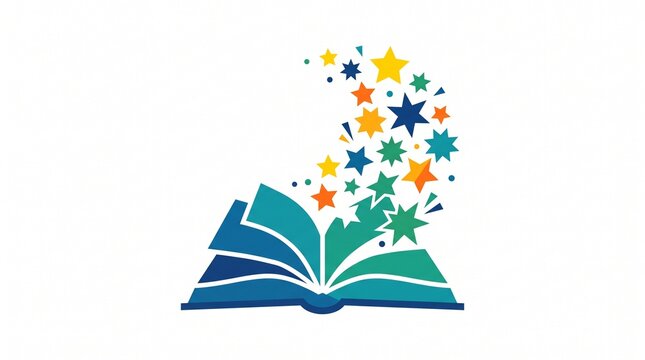 Open book with magical stars illustration, creative storytelling concept with flying colorful star shapes, educational literature and imagination symbol