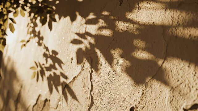 Leaf shadows dancing on a rustic cracked wall in warm sunlight