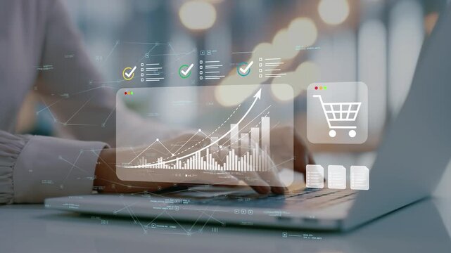 Online retail performance and shopping cart optimization strategy led by businesswoman using ecommerce analytics, conversion tracking, revenue growth reporting and customer behavior insights