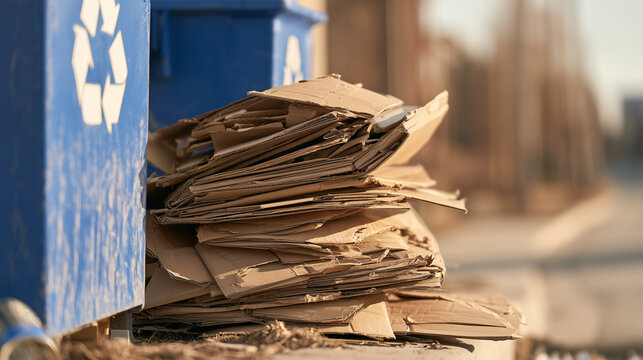 Cardboard waste stacked beside recycling bins for sustainable paper recycling and waste management