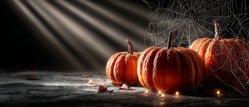 Spiders, pumpkins, and webs: a chilling halloween house design. Lifestyle shot. Ethereal and ominous: a halloween setup full of spiders and glowing lights. Studio portrait. Professional look.