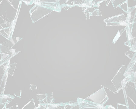 Close-up view of shattered tempered glass with sharp angular fragments forming a circular frame on black background on transparent background