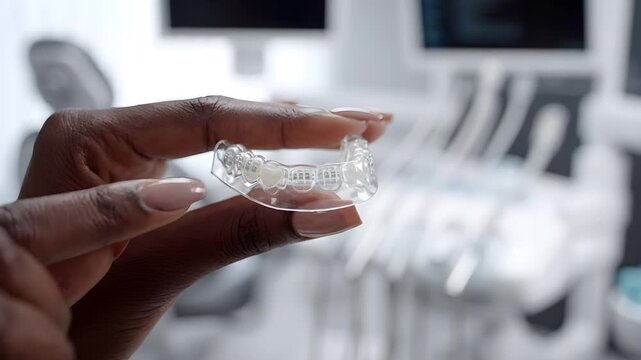 Close up of hands holding a transparent dental aligner in a modern blurred dental clinic