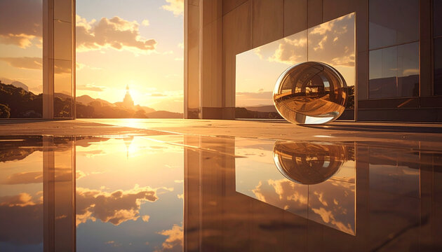 Luxury Interior with Crystal Sphere at Sunset