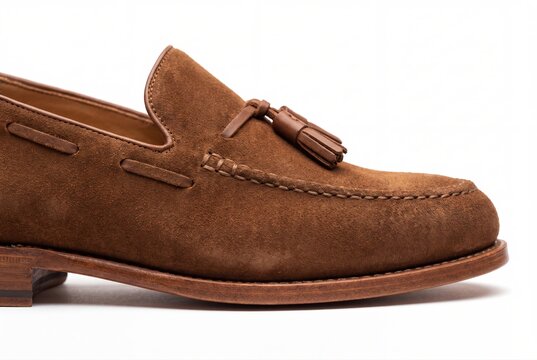 Brown suede tassel loafer shoes elegant mens fashion close up detail