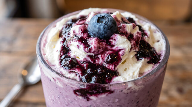 Rich Blueberry Milkshake Topped with Whipped Cream Fruit Compote and Whole Fresh Blueberry Close-Up