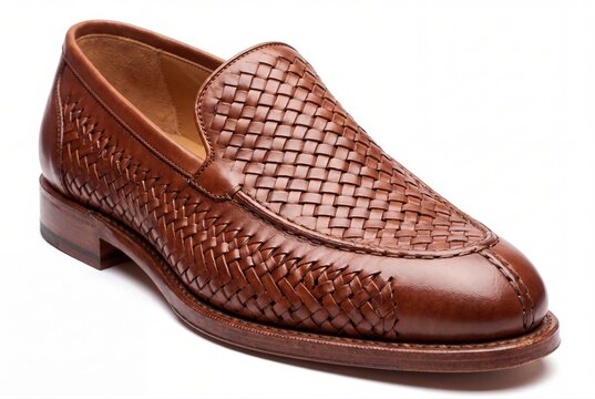 Brown leather woven loafer shoe for elegant men fashion style mockup