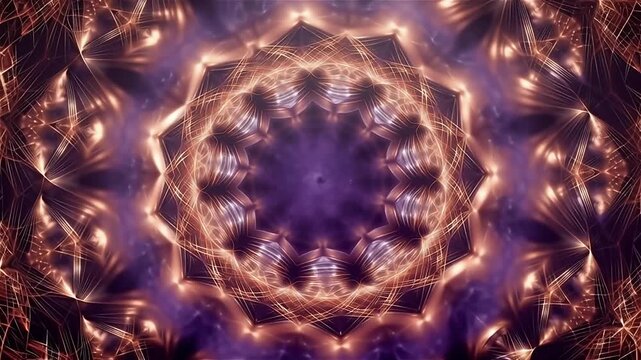 Abstract fractal mandala animation with glowing golden light rays and dark purple nebula.