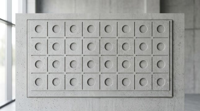 A concrete wall with a grid of circular indentations and a rectangular pattern, set against a concrete background with a window in the foreground.