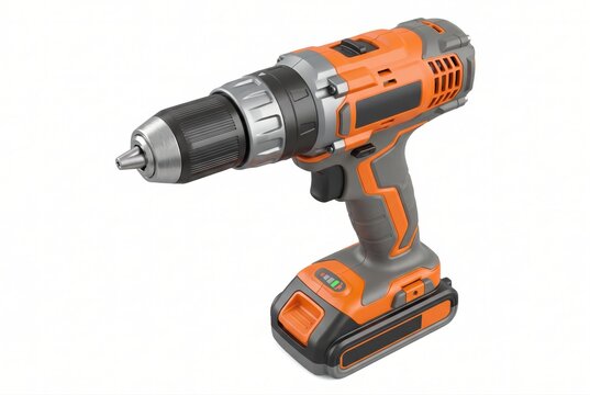 Cordless power drill tool orange and grey on white background