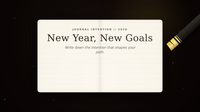 Black pen writes New Year goals on notebook page with glowing ink and light effect
