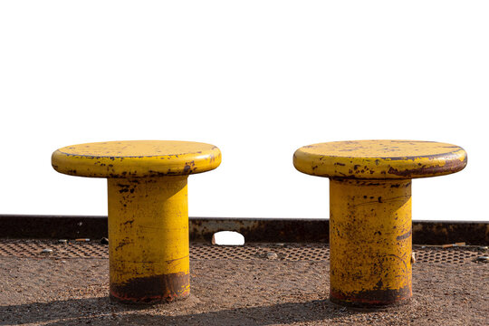 Yellow bollards standing on pier with einem transparent background