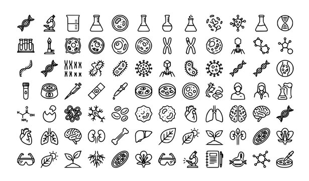 Modern biology and life science icon collection with editable laboratory, DNA, cell, and biotechnology outline vector illustrations