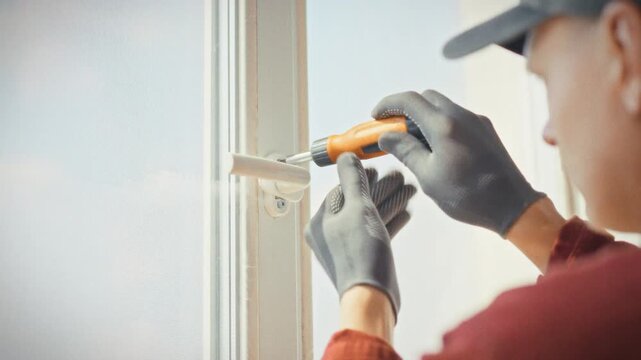 A technician in uniform carefully tightens the hinges and hardware of a plastic window using a screwdriver in a home environment. Concept of seasonal servicing and preparation of windows for use