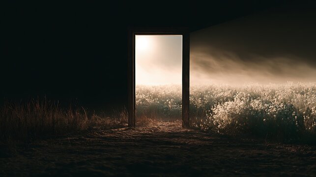 Prompt: A beautiful conceptual landscape. A solitary, free-standing antique wooden door frame in a dark void opens directly into a double exposure of a sunlit, misty meadow of white wildflowers. 