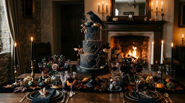 Gothic wedding cake with spider webs and raven on a rustic table