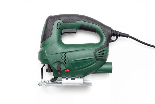 Green electric jigsaw tool isolated on white background studio shot