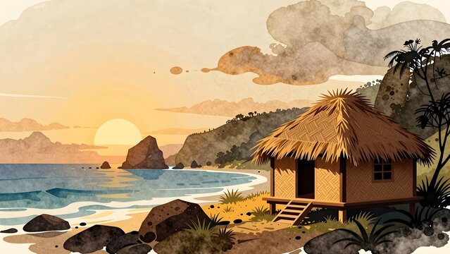 Tropical beach hut at sunset with ocean and rocks watercolor illustration
