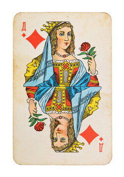 Old vintage Queen of Diamonds playing card isolated on white.