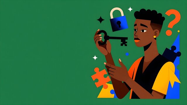 Black woman holding key with lock and puzzle pieces