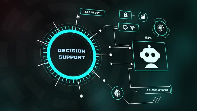 Digital HUD futuristic technology UI highlighting Decision Support concept with cybernetic graphics, robot icon, and data analysis