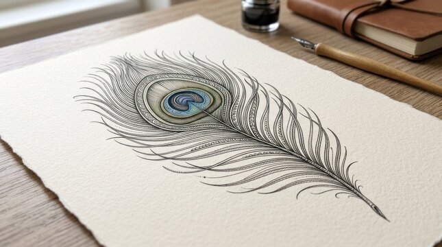 A detailed watercolor painting of a peacock feather with a paua shell in the center, set against a white background with a wooden table and a pen and ink bottle in the background.
