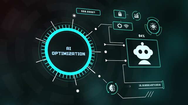 Futuristic neon HUD dashboard representing AI Optimization concept with brain graphic, chatbot icon, and digital analytics display