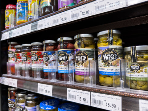 PENANG, MALAYSIA - MAY 25, 2026:  Always Fresh pickled vegetables and olives displayed on supermarket retail shelf.