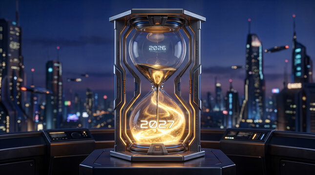 2027 futuristic hourglass measuring time against urban night cityscape