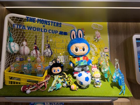 PENANG, MALAYSIA - JUL 21, 2026: The Monsters FIFA World Cup 2026 themed Labubu collectible display inside Pop Mart store.