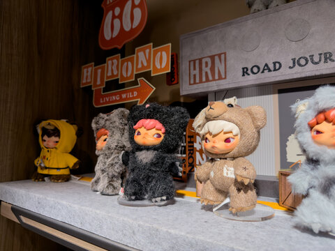 PENANG, MALAYSIA - JUL 21, 2026: Hirono collectible character figures displayed on retail store shelf.