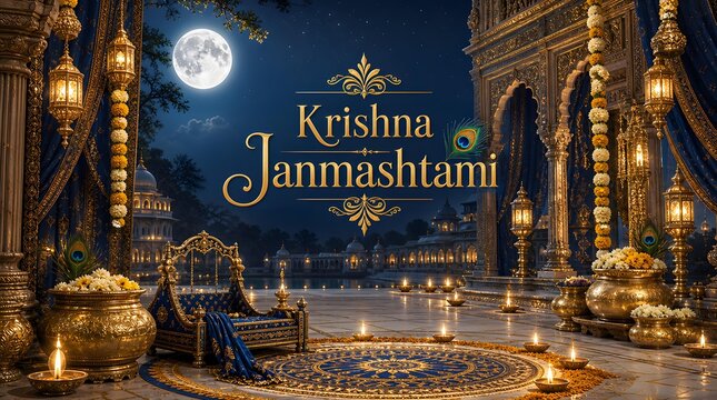 Krishna Janmashtami Royal Cradle Jhula Palace Courtyard Diya Background