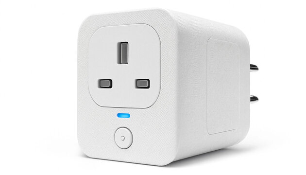 Compact white smart power plug adapter with UK socket and blue LED indicator isolated on white background for smart home energy management IoT technology banner