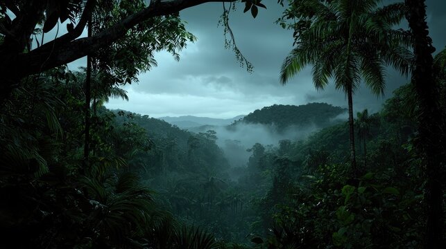 Dense tropical rainforest stretches across rolling hills shrouded in atmospheric mist under a dramatic overcast sky