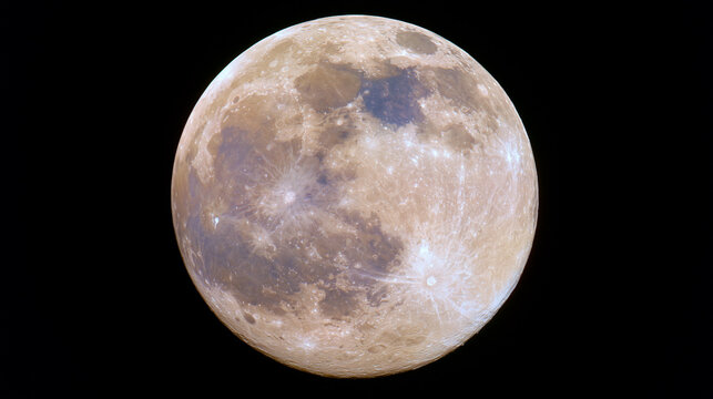 Photorealistic full moon in sharp detail viewed straight on against a black night sky