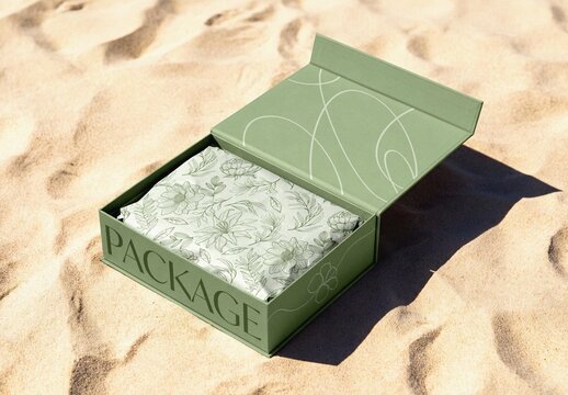 Box On Sand Mockup For Branding And Packaging Design