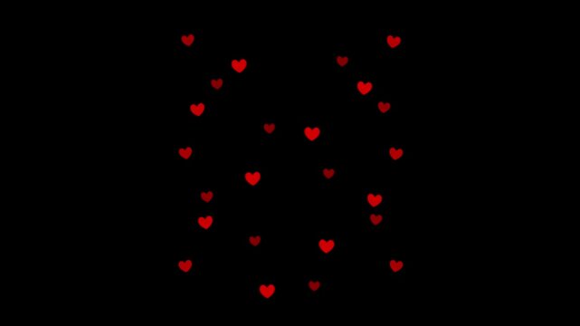 Two streams of red hearts twist around each other in a DNA-like double helix on a black background, creating a romantic animated pattern ideal for Valentine promos, intros, overlays, and greetings.