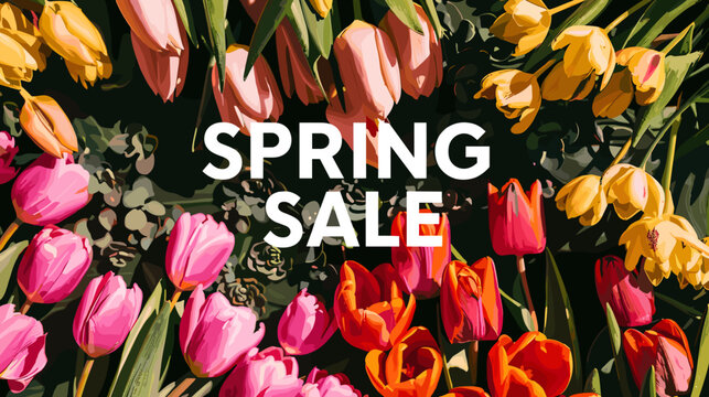 Bright Spring Sale Banner with Blooming Tulips and Bold Text Overlay