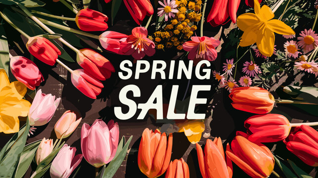Bold Spring Sale Banner with Vibrant Tulips and Daisies Illustration
