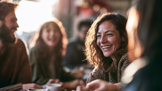 Group of young adults laughing and enjoying coffee together at a cafe, warm sunlight illuminating their faces and creating a cozy atmosphere
