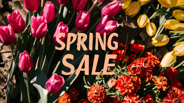 Bright Floral Spring Sale Banner with Bold Typography and Vibrant Tulips and Berries Illustration