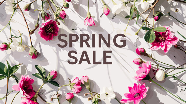 Spring Sale Banner with Bold Text and Pink Flowers Illustration on White Background