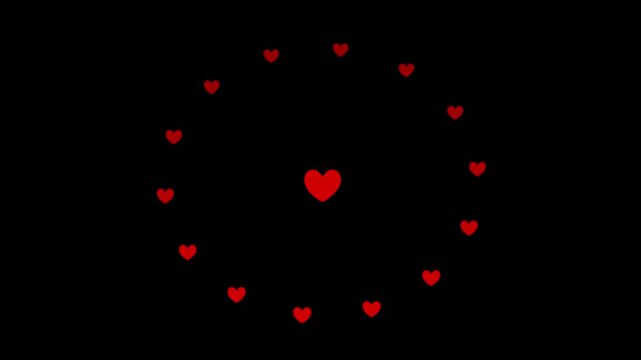 Small red hearts move around a large circular path while staying upright, with one larger heart at the center, creating a romantic Ferris wheel animation for Valentine promos, intros, and overlays.