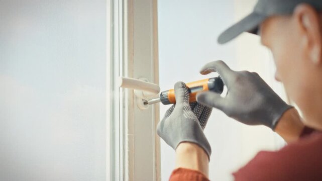 A technician in uniform independently adjusts plastic window hinges using an orange screwdriver at home. Concept of DIY window repair and saving on professional specialist services