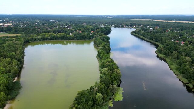 Scenic aerial drone shot of two adjacent lakes with contrasting water colors divided by a forest strip, Falkensee Germany
