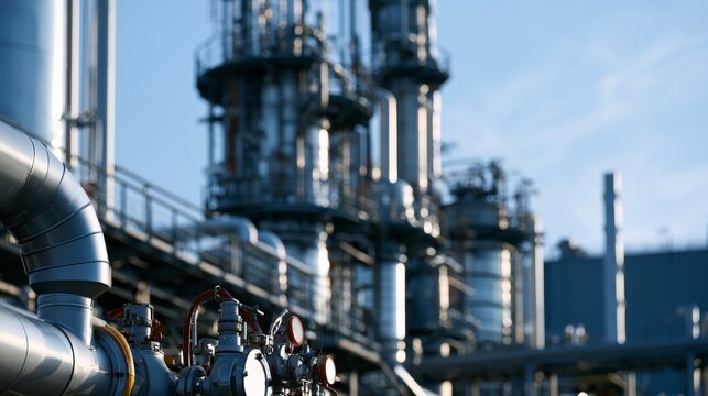 Industrial oil refinery with large metal pipes and towering distillation columns under a clear blue sky, showcasing complex machinery and infrastructure